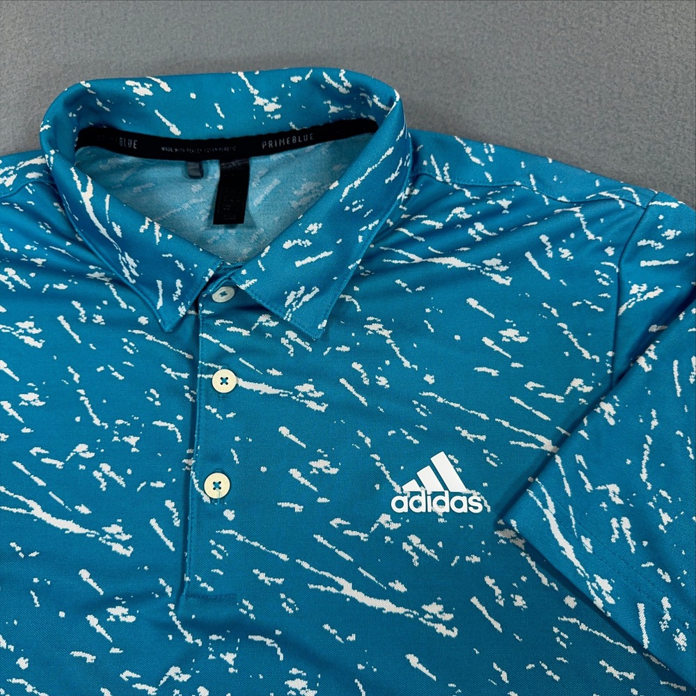Adidas Primeblue Golf Polo Shirt Mens Teal Blue Splatter Print Medium
